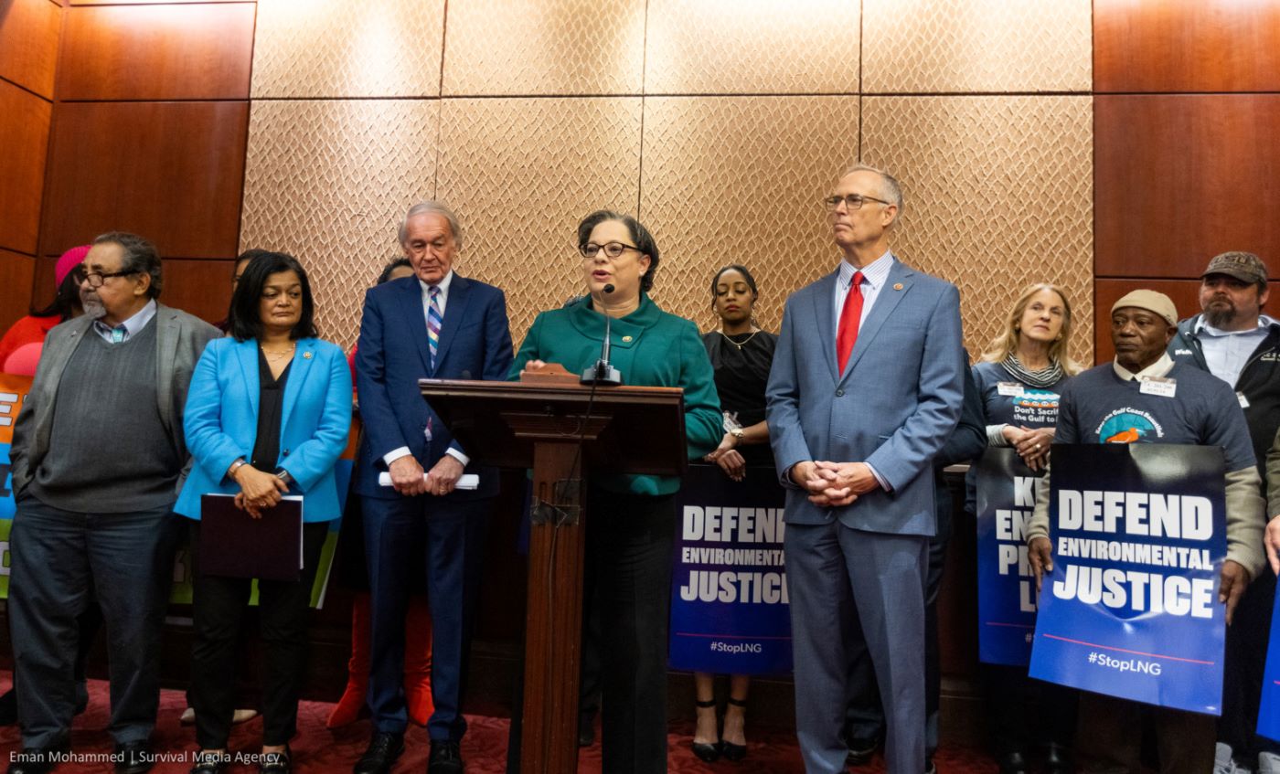 Rep. McClellan speaking at a joint press conference with frontline advocates highlighting impacts on communities from methane gas exports.