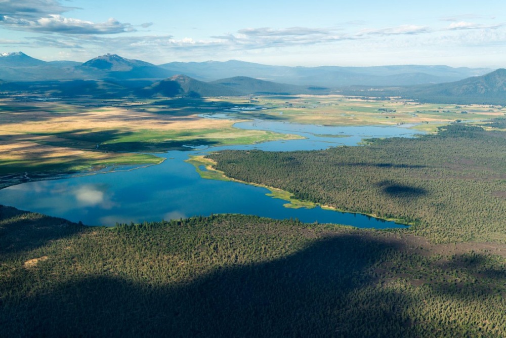 Aerial view of a clear blue lake flanked by a mountain range on the left of the photo and a vast swath of green forest on the right.